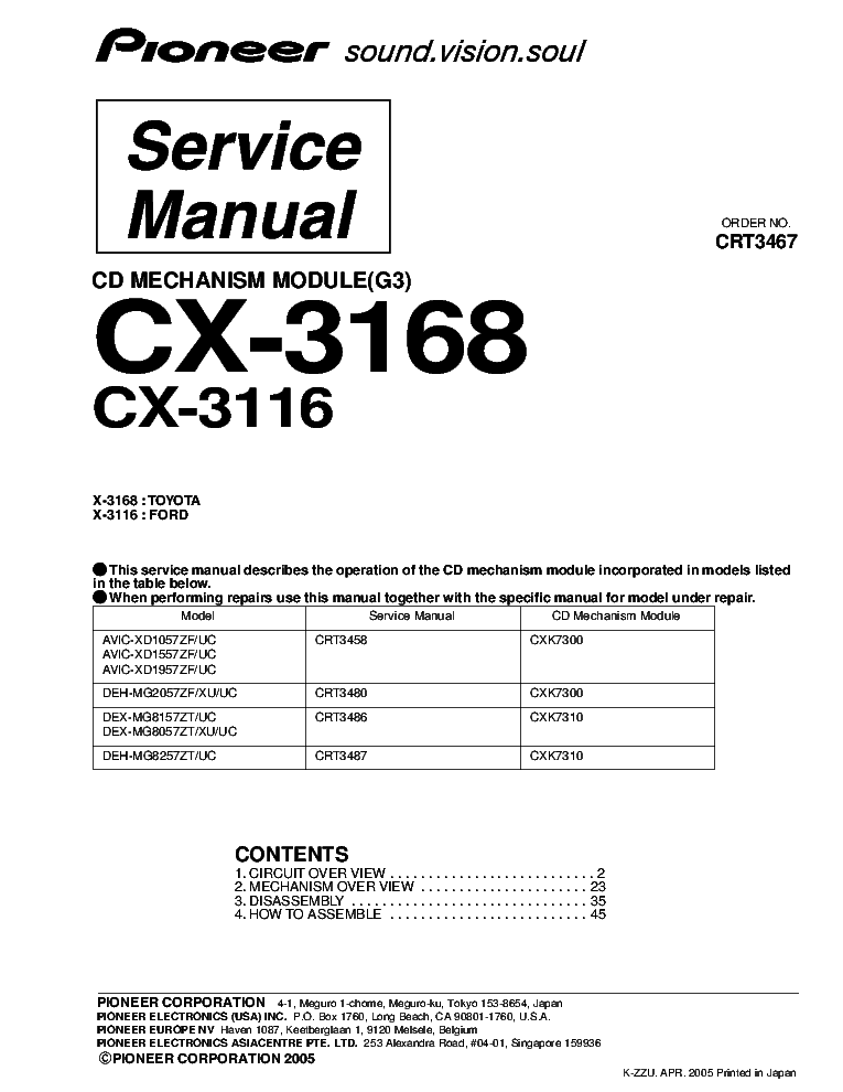 PIONEER CX-3168 CX-3116 CRT3467 CD MECHANISM service manual (1st page)