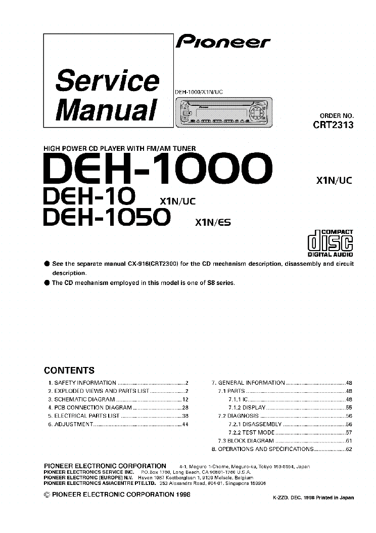 Pioneer Deh 10 1000 1050 Sm, Pioneer Deh 1000 Wiring Diagram