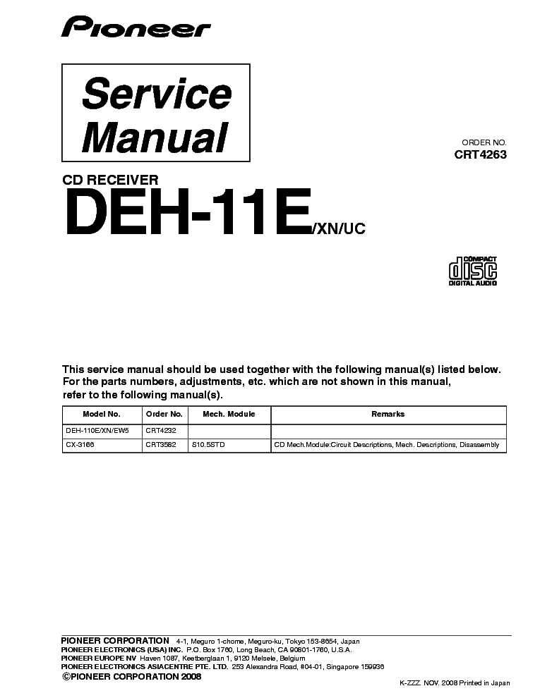 PIONEER DEH-11E PARTS service manual (1st page)