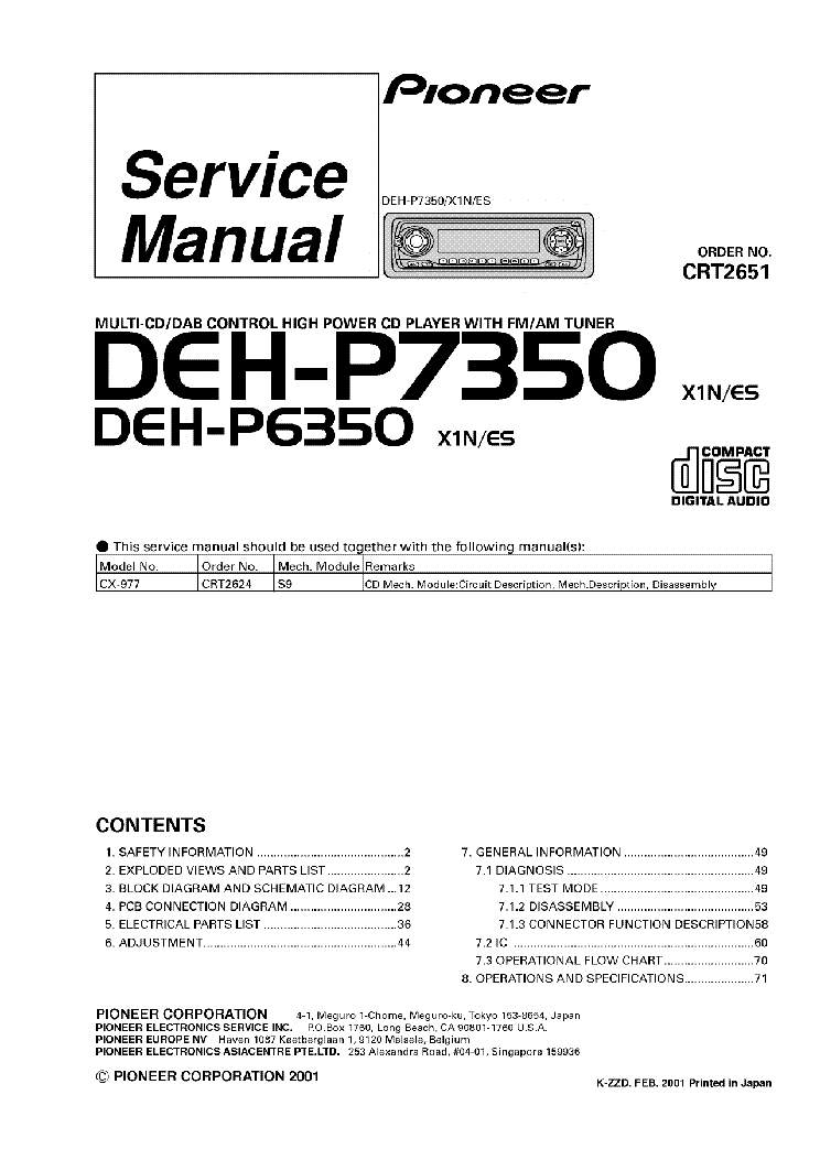 PIONEER DEH-P6350 DEH-P7350 SM service manual (1st page)