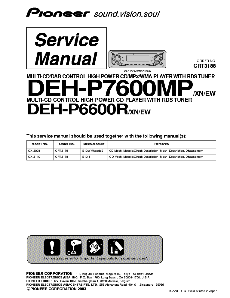 PIONEER DEH-P6600R P7600MP CRT3188 service manual (1st page)