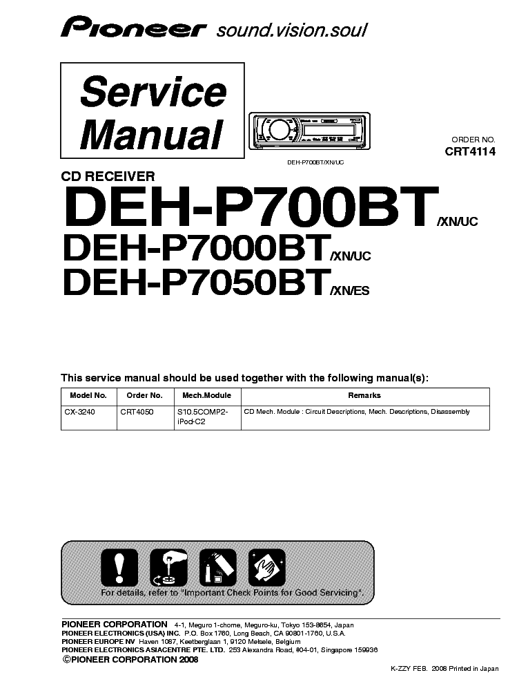 PIONEER DEH-P700BT 7000BT 7050BT CRT4114 SM service manual (1st page)