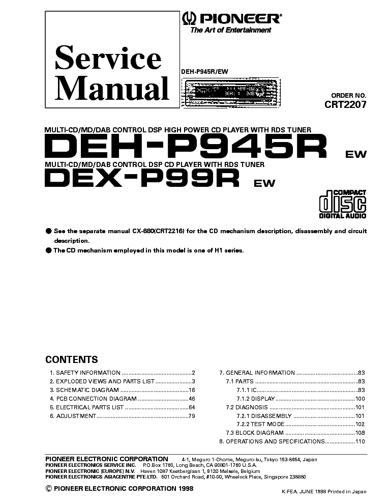 PIONEER DEH-P945R DEX-P99R service manual (1st page)