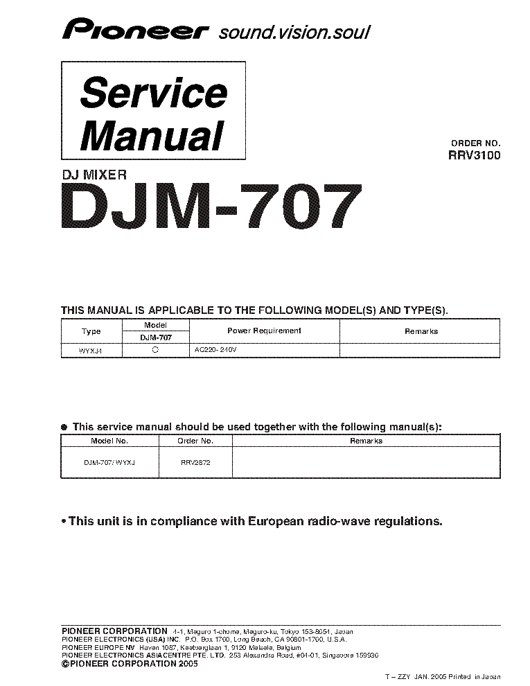 PIONEER DJM-707 RRV3100 DJ-MIXER service manual (1st page)