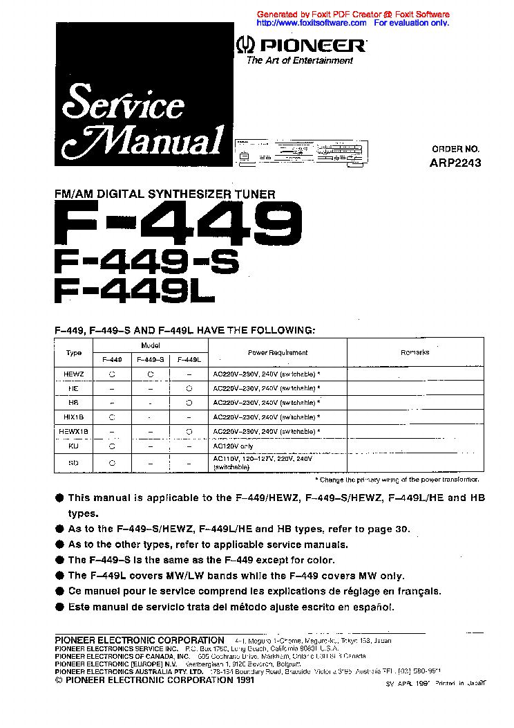 PIONEER F-449 S L SM service manual (1st page)