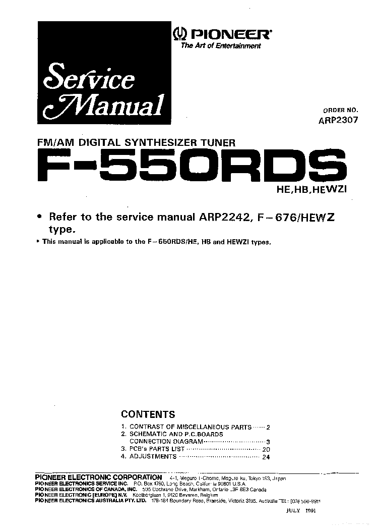 PIONEER F-550RDS ARP2307 AM-FM TUNER SM service manual (1st page)