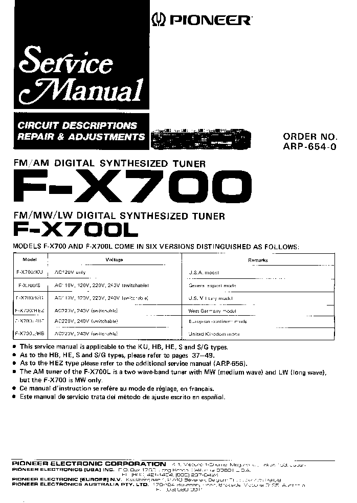 PIONEER F-X700-L AM-FM DIGITAL SYNTHESIZED TUNER ARP6540 SM service manual (1st page)