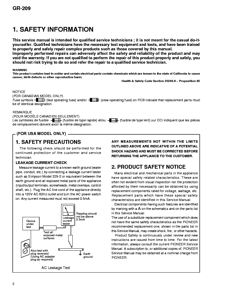 PIONEER GR-209 SM service manual (2nd page)