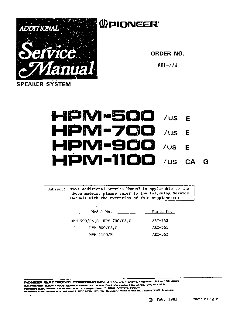 PIONEER HPM-500 700 900 1100 PARTS-LIST service manual (1st page)