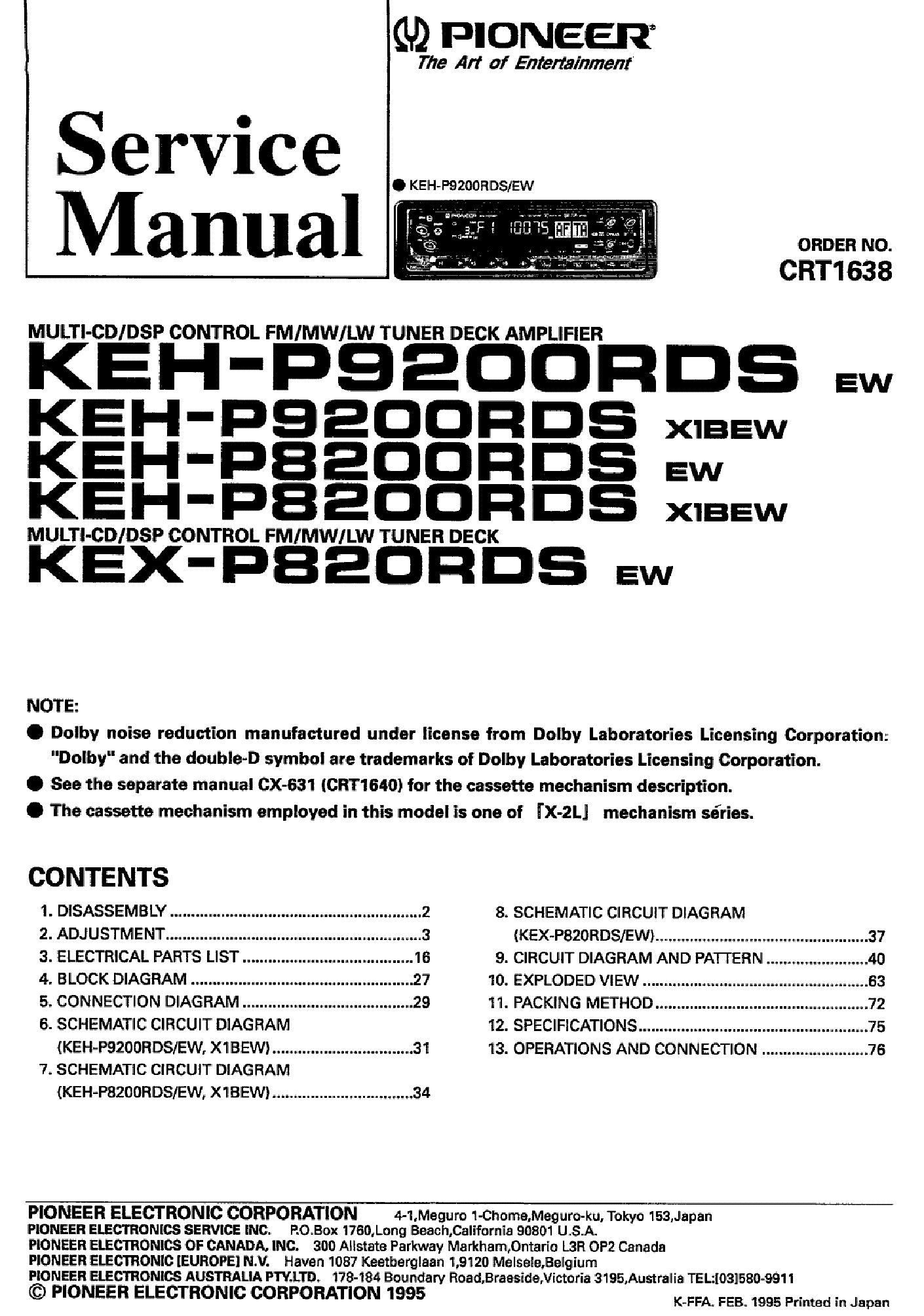 PIONEER KEH-P9200RDS KEH-P8200RDS KEX-P820RDS CRT1638 SM service manual (1st page)
