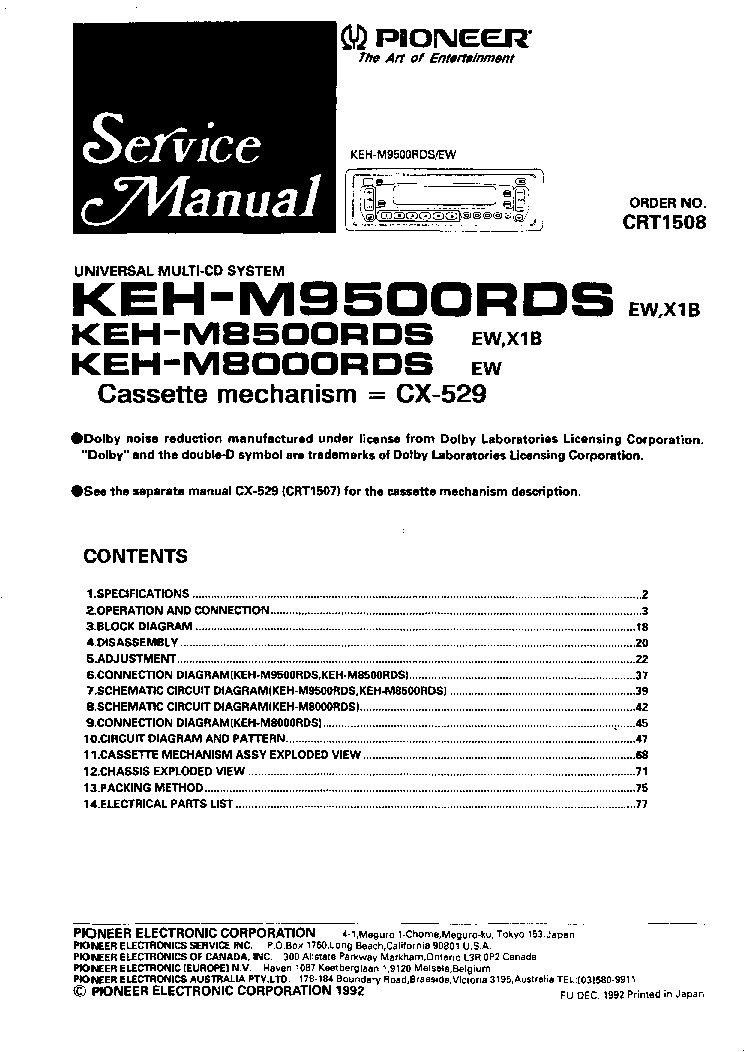 PIONEER KEHM8000RDS KEHM8500RDS KEHM9500RDS service manual (1st page)