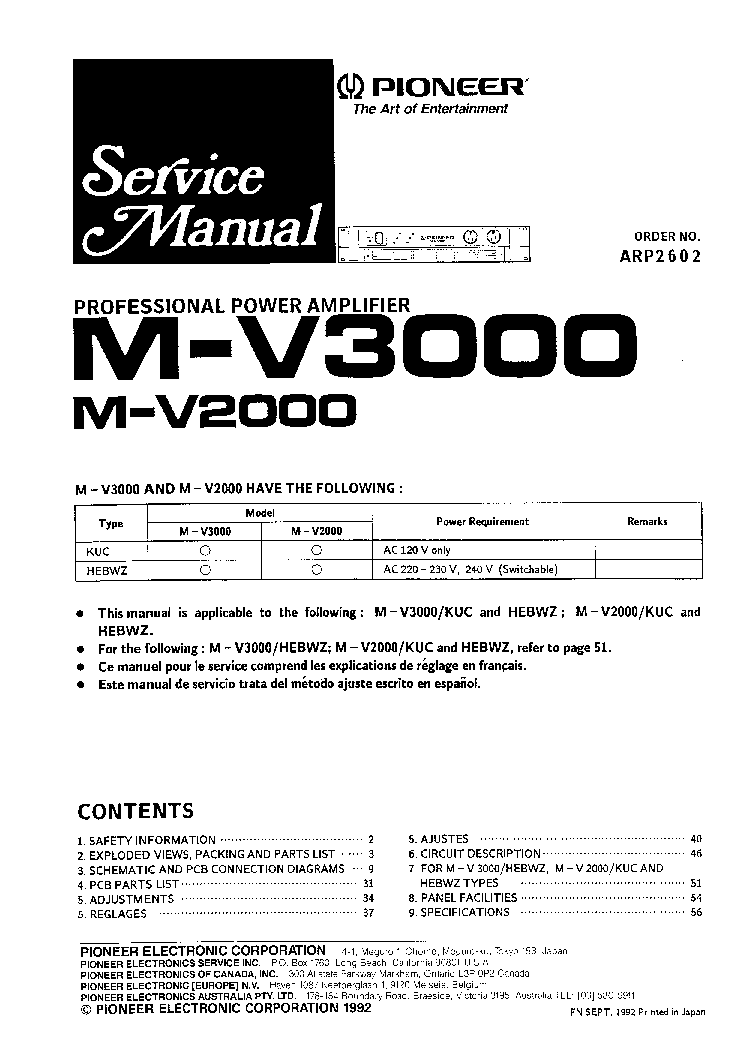 PIONEER M-V3000 M-V2000 ARP2602 service manual (1st page)
