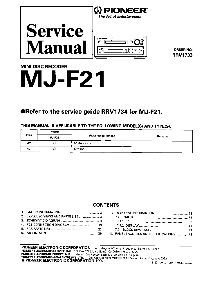 PIONEER MJ-F21 RRV1733 service manual (1st page)
