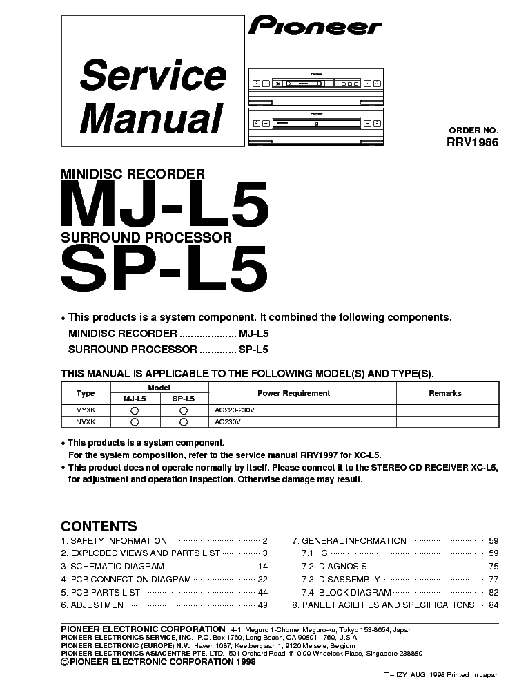 PIONEER MJ-L5 SP-L5 RRV1986 service manual (1st page)