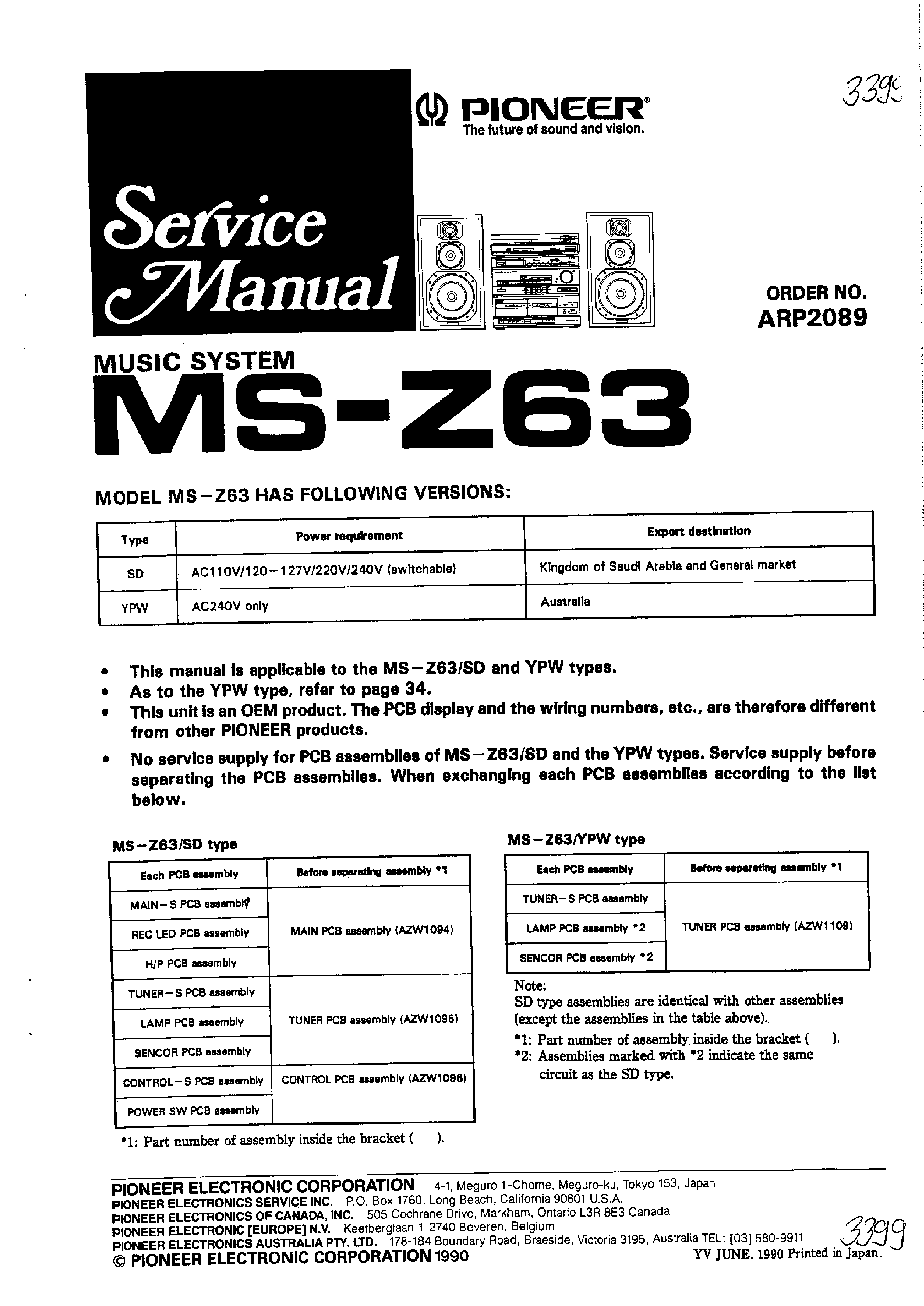 PIONEER MS-Z63 PARTS service manual (1st page)