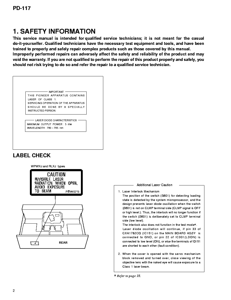 PIONEER PD-117 service manual (2nd page)