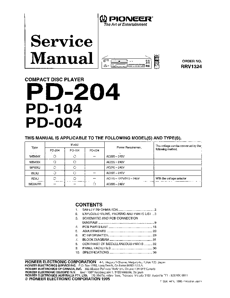 PIONEER PD-204 PD-104 PD-004 SM service manual (1st page)