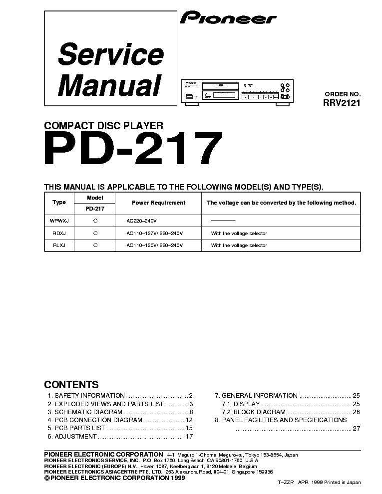 PIONEER PD-217 service manual (1st page)