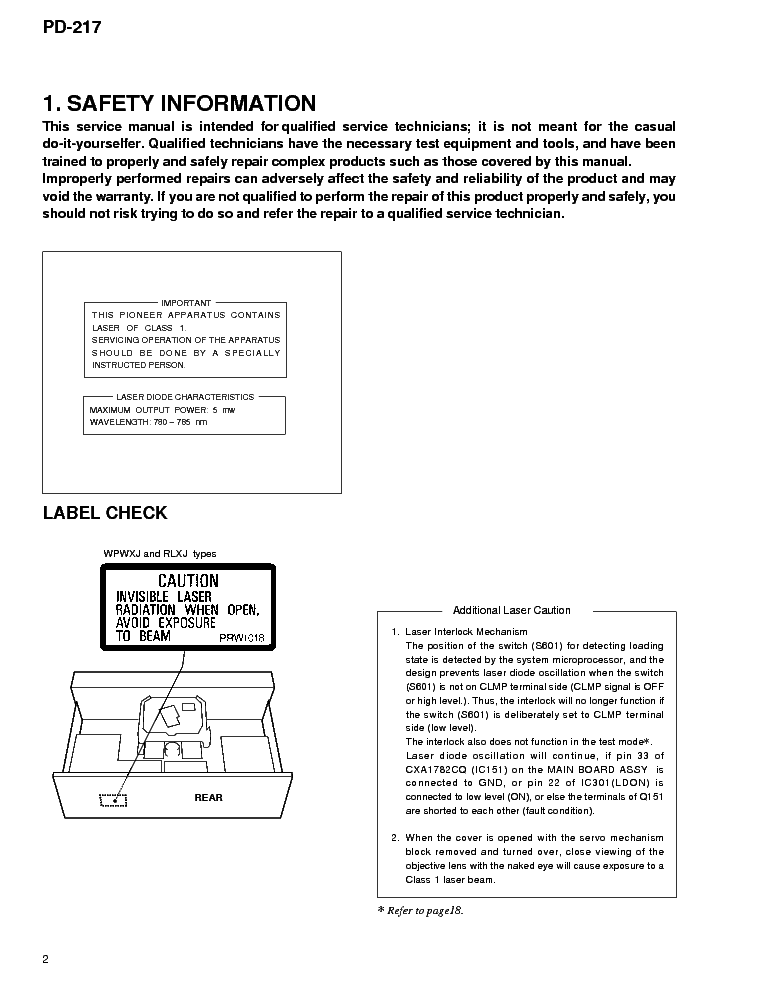 PIONEER PD-217 service manual (2nd page)