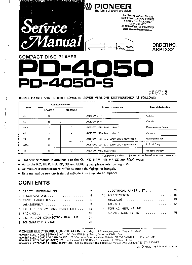 PIONEER PD-4050-S ARP1332 service manual (1st page)