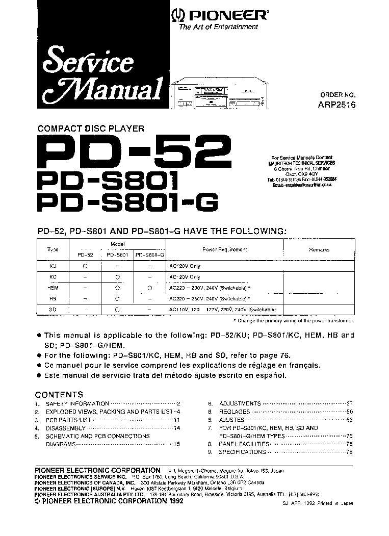 PIONEER PD-52 PD-S801 COMPACT DISC PLAYER service manual (1st page)