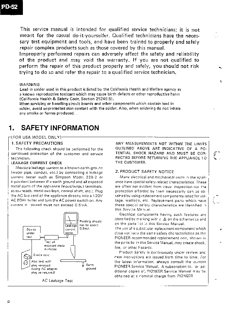 PD-52 Service Manual-Anleitung für Pioneer PD-S801 