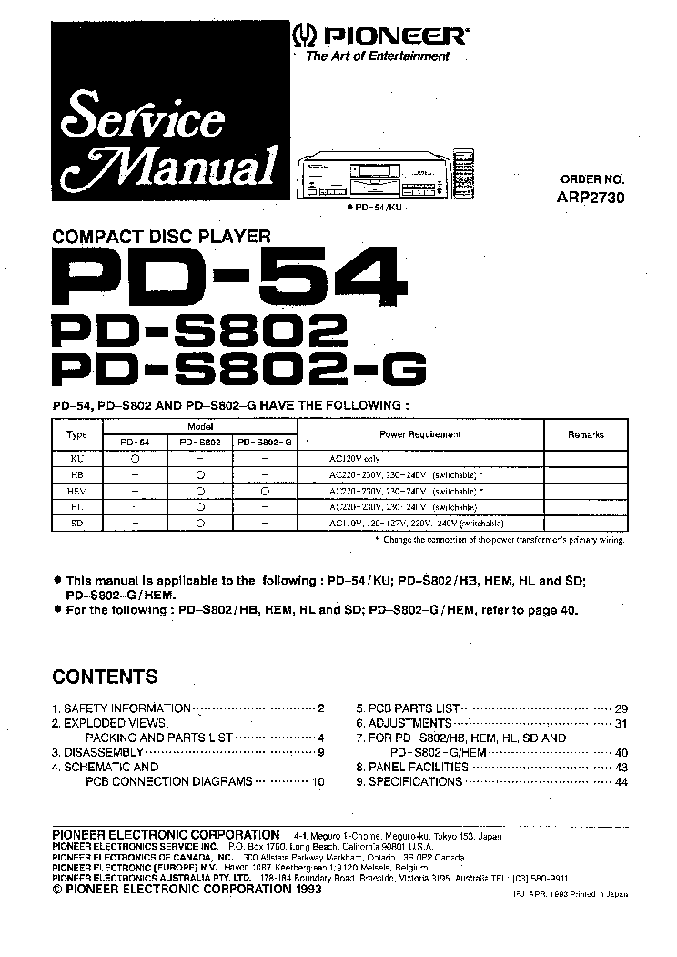 PD-52 Service Manual-Anleitung für Pioneer PD-S801 