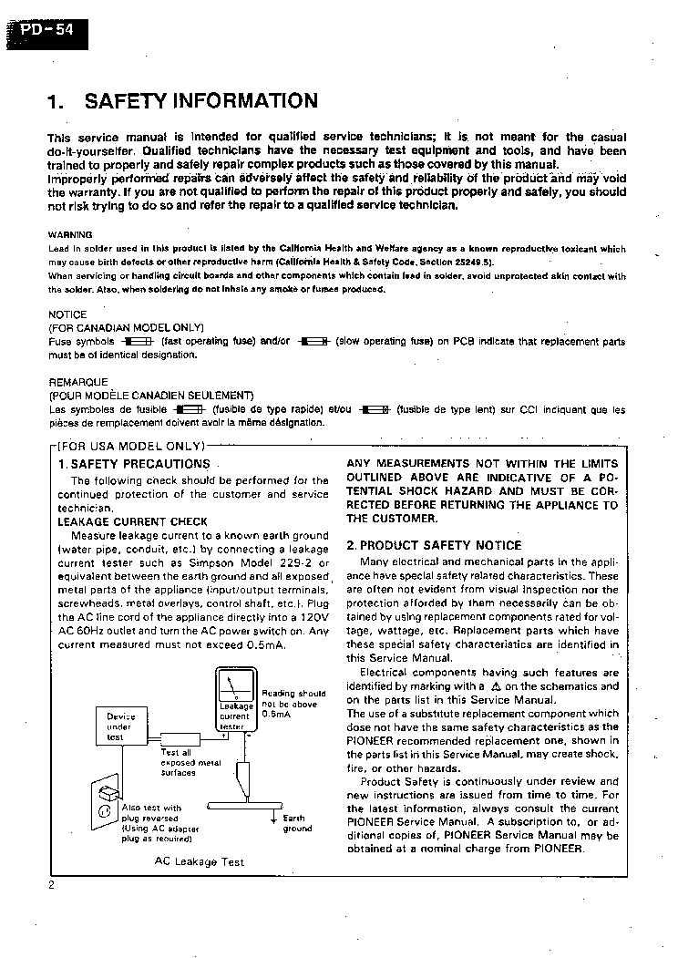 PIONEER PD-54 S802-G SM service manual (2nd page)