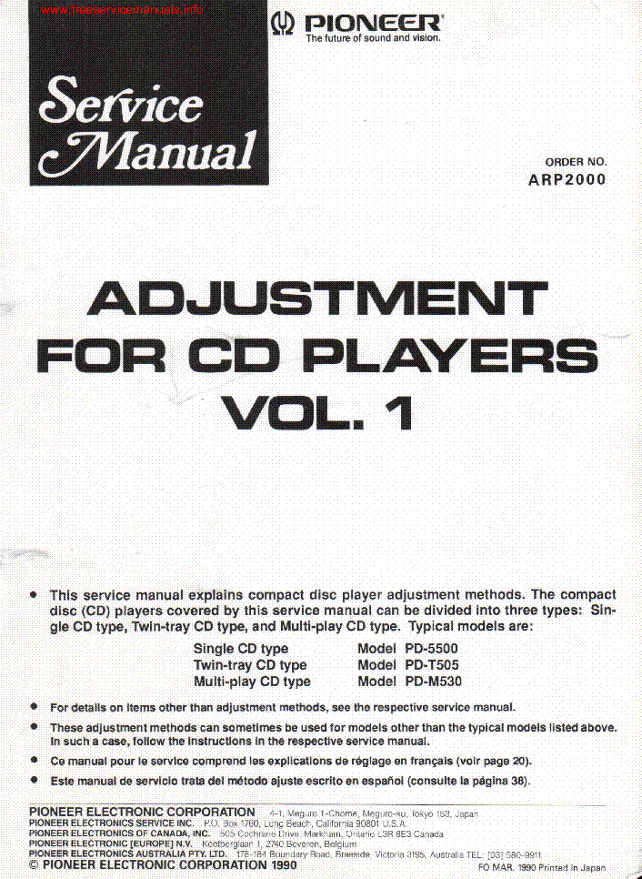 PIONEER PD-5500,PD-T505,PD-M530 ADJUSTMENT FOR CD PLAYERS VOL.1 service manual (1st page)