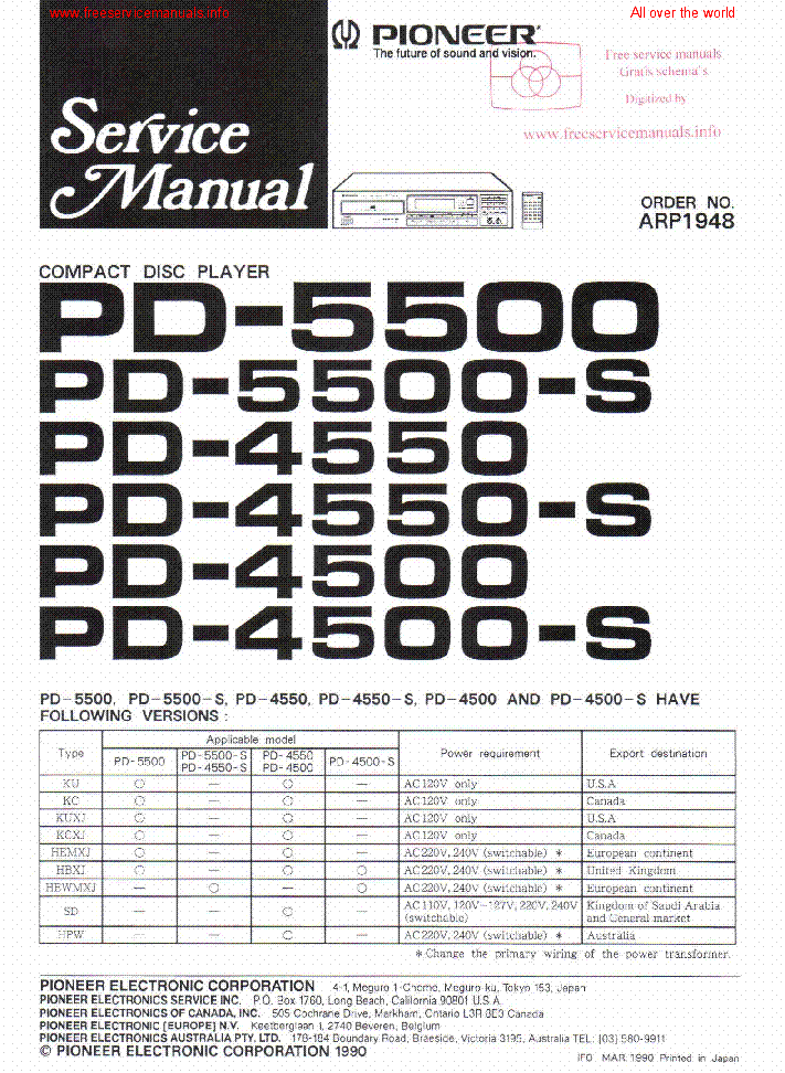 PIONEER PD-5500 PD-4550 PD-4500-S SM service manual (1st page)