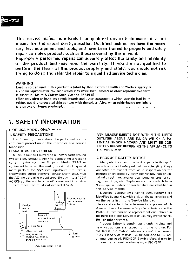 PIONEER PD-73 SM service manual (2nd page)