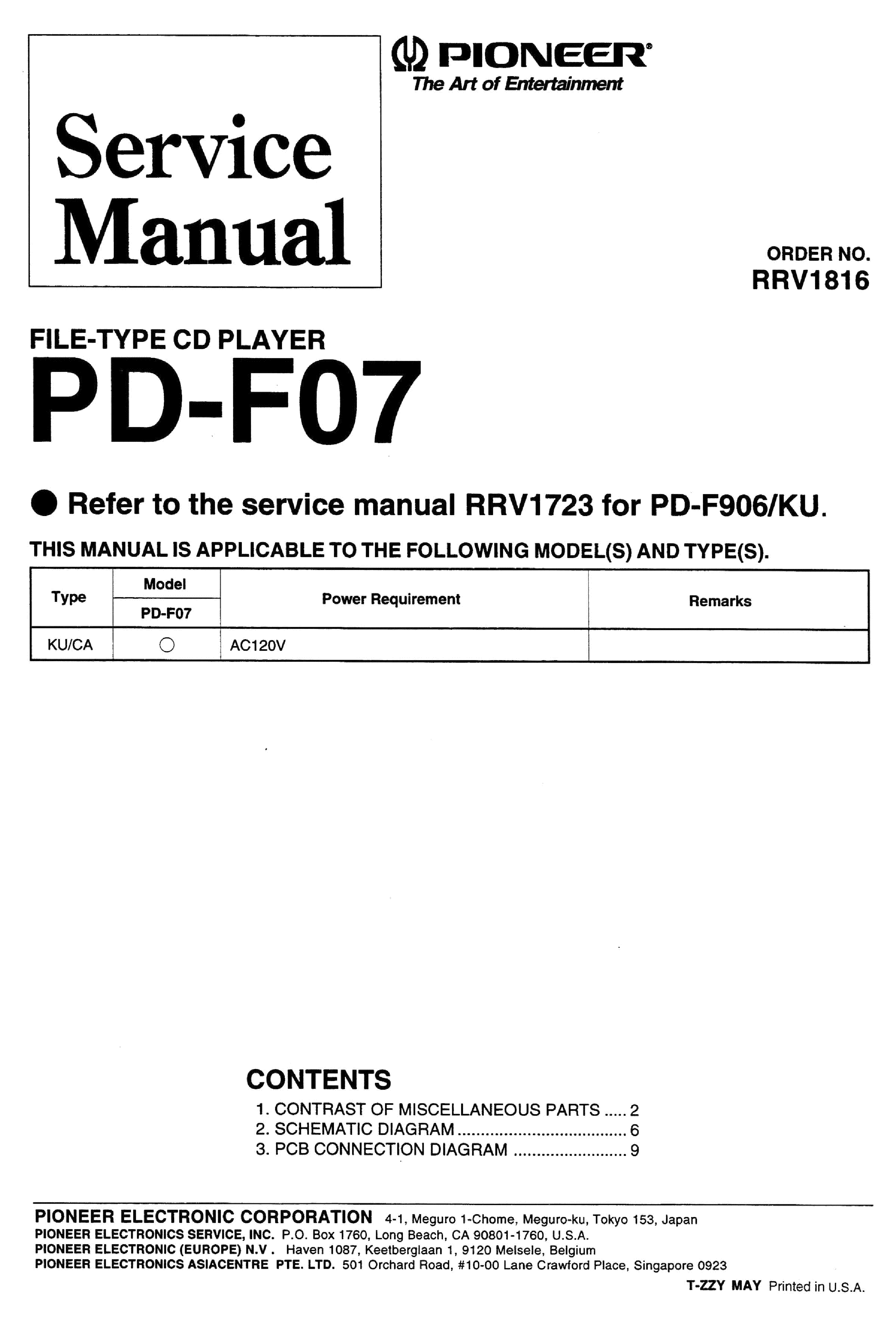 PIONEER PD-F07 RRV1816 service manual (1st page)