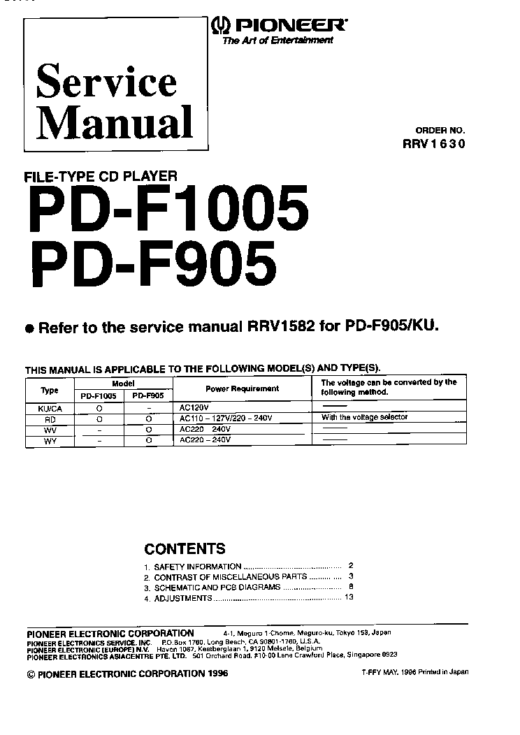 PIONEER PD-F1005 PD-F905 RRV1630 FILE TYPE COMPACT DISC PLAYER service manual (1st page)