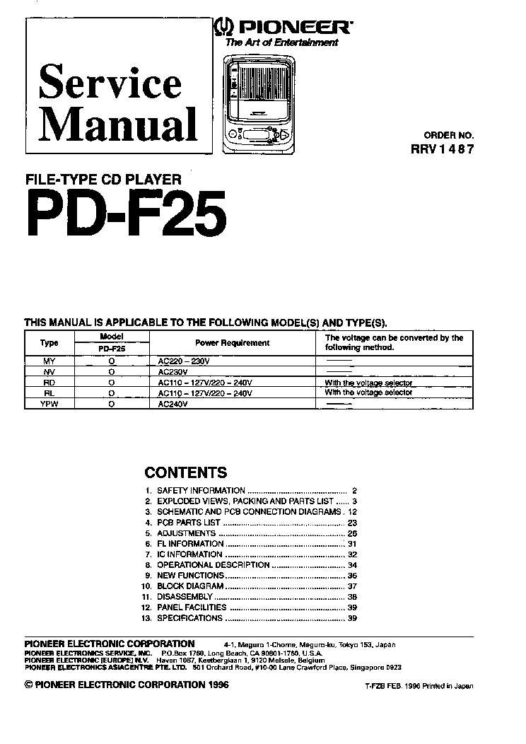 PIONEER PD-F25 RRV1487 FILE TYPE COMPACT DISC PLAYER service manual (1st page)