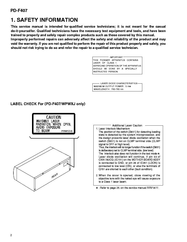PIONEER PD-F407 service manual (2nd page)