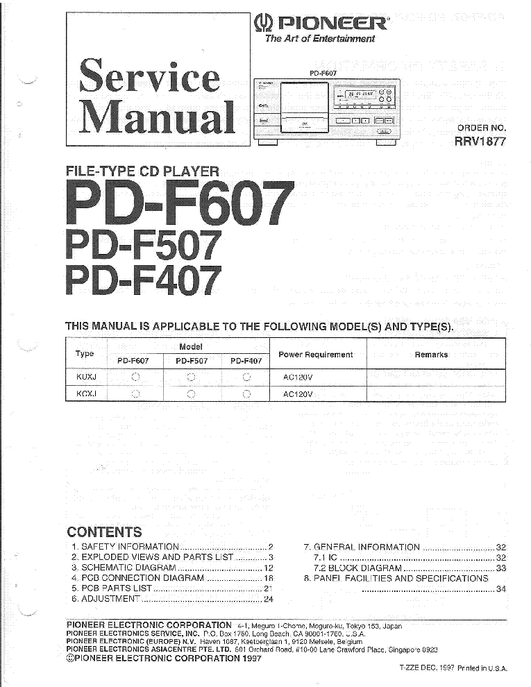 PIONEER PD-F407 F507 F6O7 SM service manual (1st page)
