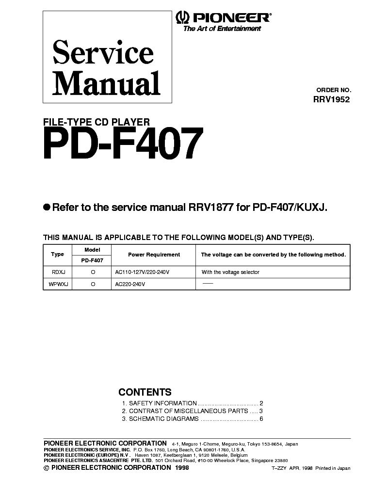 PIONEER PD-F407 KUXJ FILE TYPE COMPACT DISC PLAYER service manual (1st page)