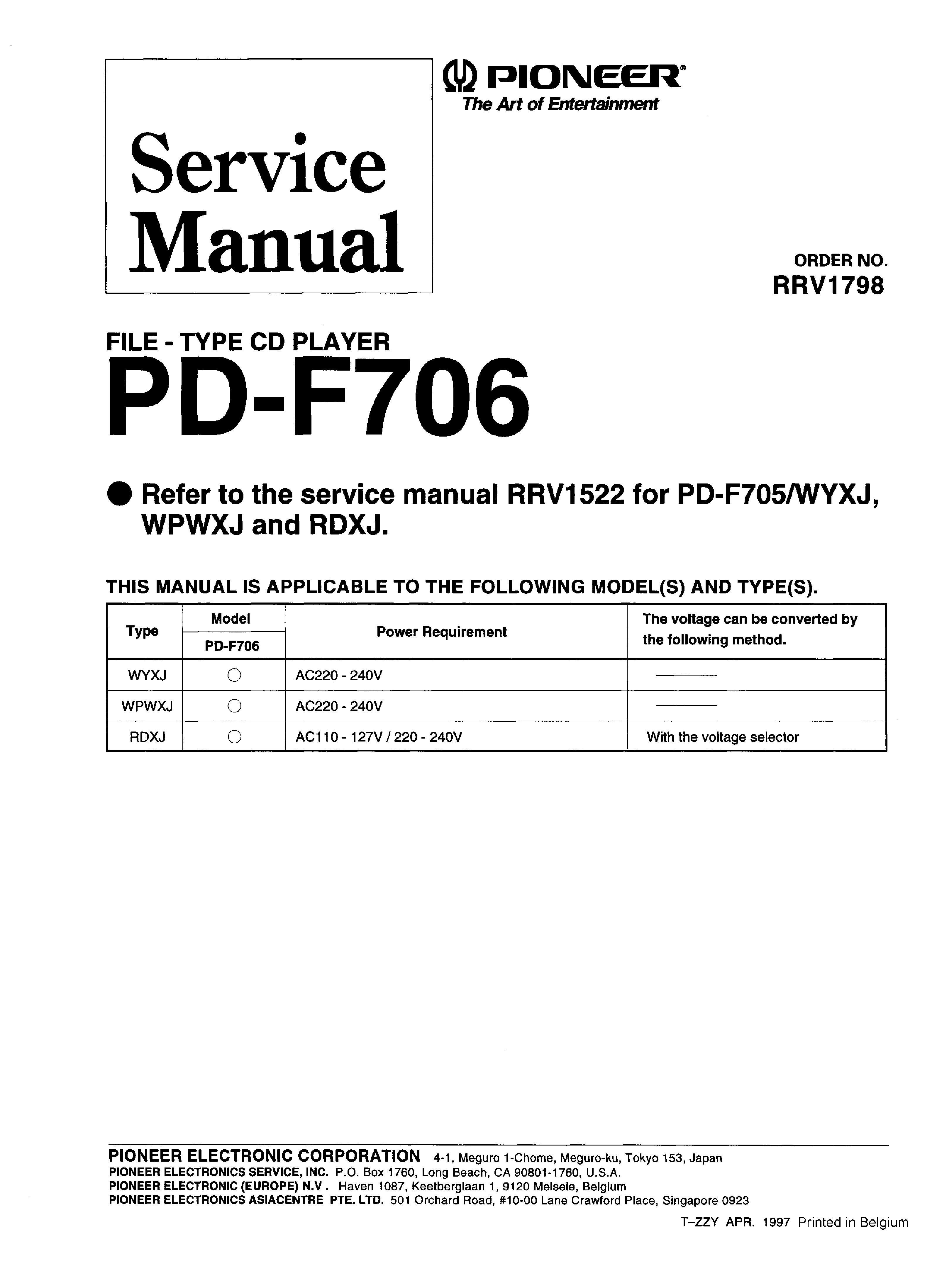 PIONEER PD-F706 RRV1798 Service Manual download, schematics, eeprom ...