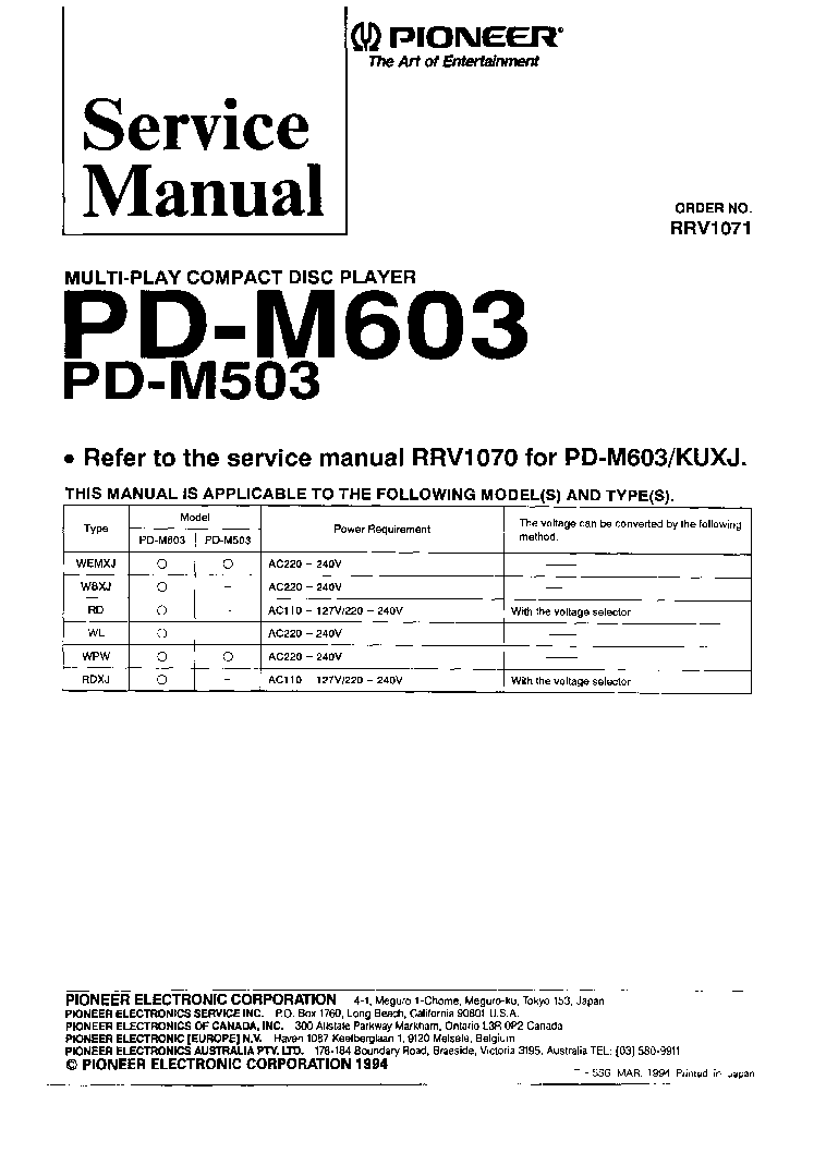 PIONEER PD-M503 PD-M603 RRV1071 MULTI PLAY COMPACT DISC PLAYER service manual (1st page)