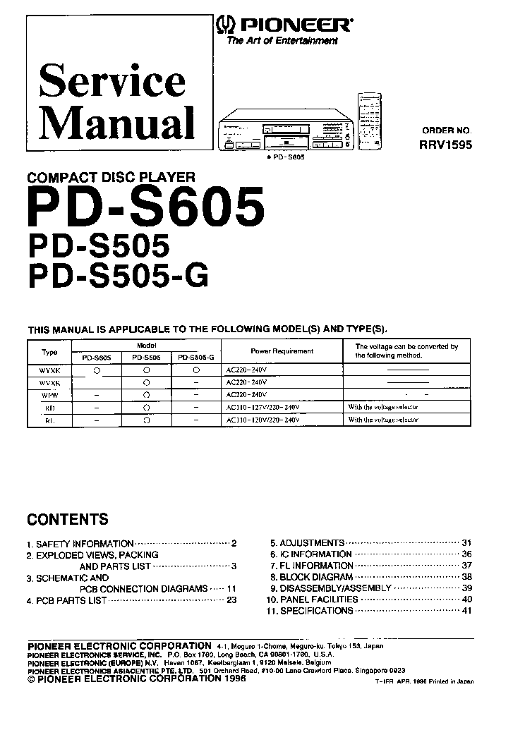 PIONEER PD-S505 S605 SM service manual (1st page)