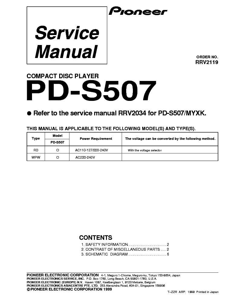 PIONEER PD-S507 service manual