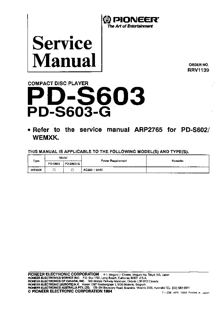 PIONEER PD-S603-G RRV1139 service manual (1st page)