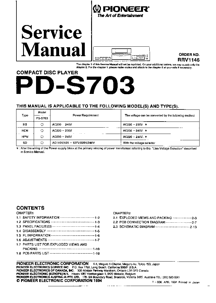 PIONEER PD-S703 RRV1146 COMPACT DISC PLAYER service manual (1st page)