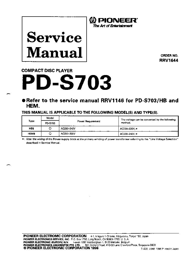PIONEER PD-S703 RRV1644 service manual (1st page)