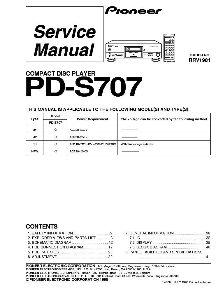 PIONEER PD-S707 RRV1981 COMPACT DISC PLAYER service manual (1st page)