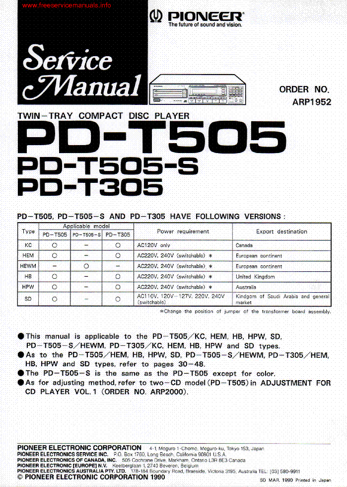 PIONEER PD-T505 PD-T305 service manual (1st page)