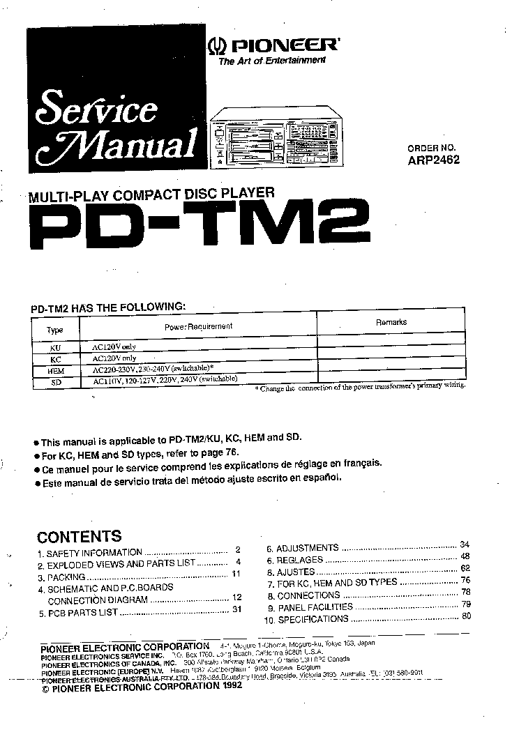PIONEER PD-TM2 ARP2462 SM service manual (1st page)