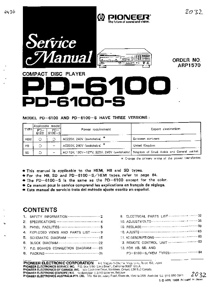 PIONEER PD6100 service manual (1st page)