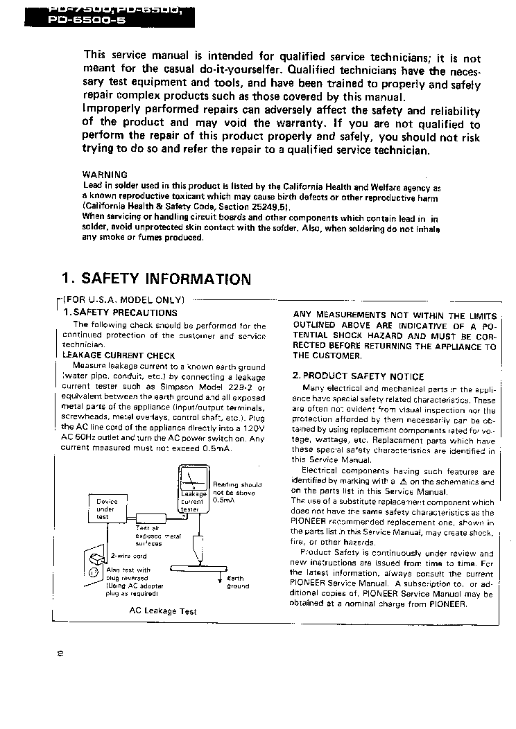 PIONEER PD6500 PD7500 service manual (2nd page)