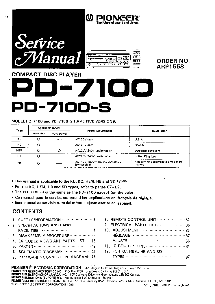 PIONEER PD7100 service manual (1st page)